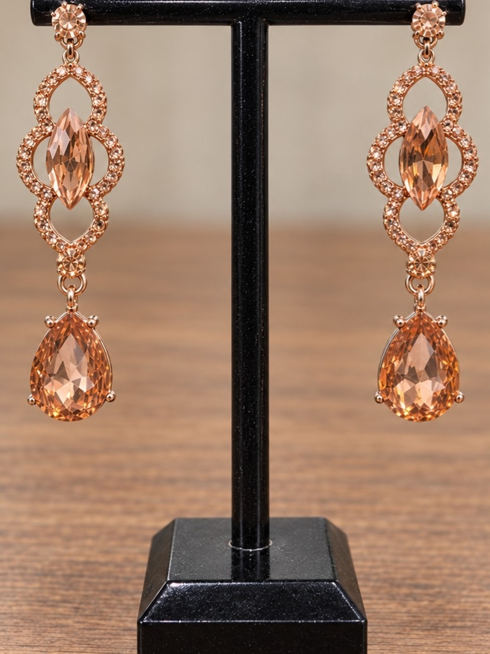 Rose Gold-Tone Champagne Crystal Rhinestone Statement Drop Earrings